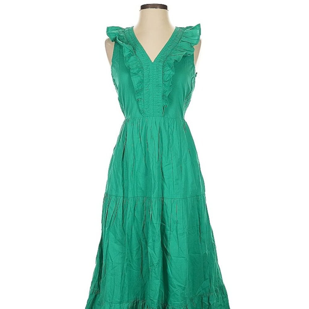 NWOT J. Crew Green Ruffle Midi Dress with Pockets Size 00